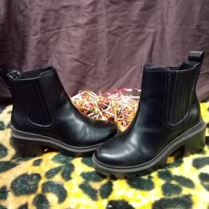 BLACK leather slip on Ankle Boots